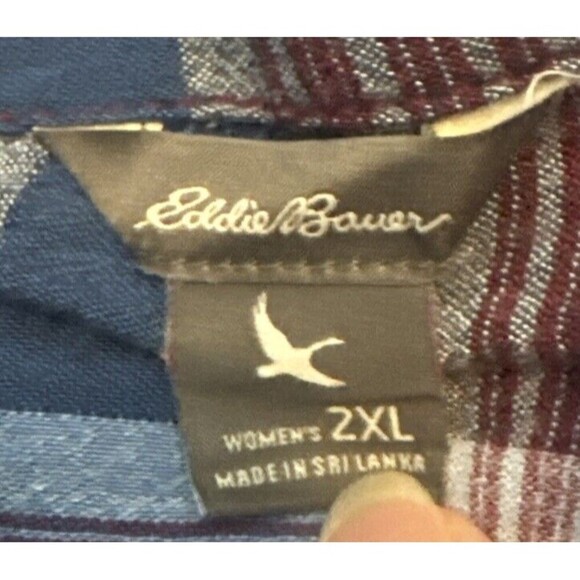 Women’s Eddie Bauer BLUE RED Plaid Button Up Long Sleeve Top Cotton Rayon Sz 2XL - Picture 8 of 9